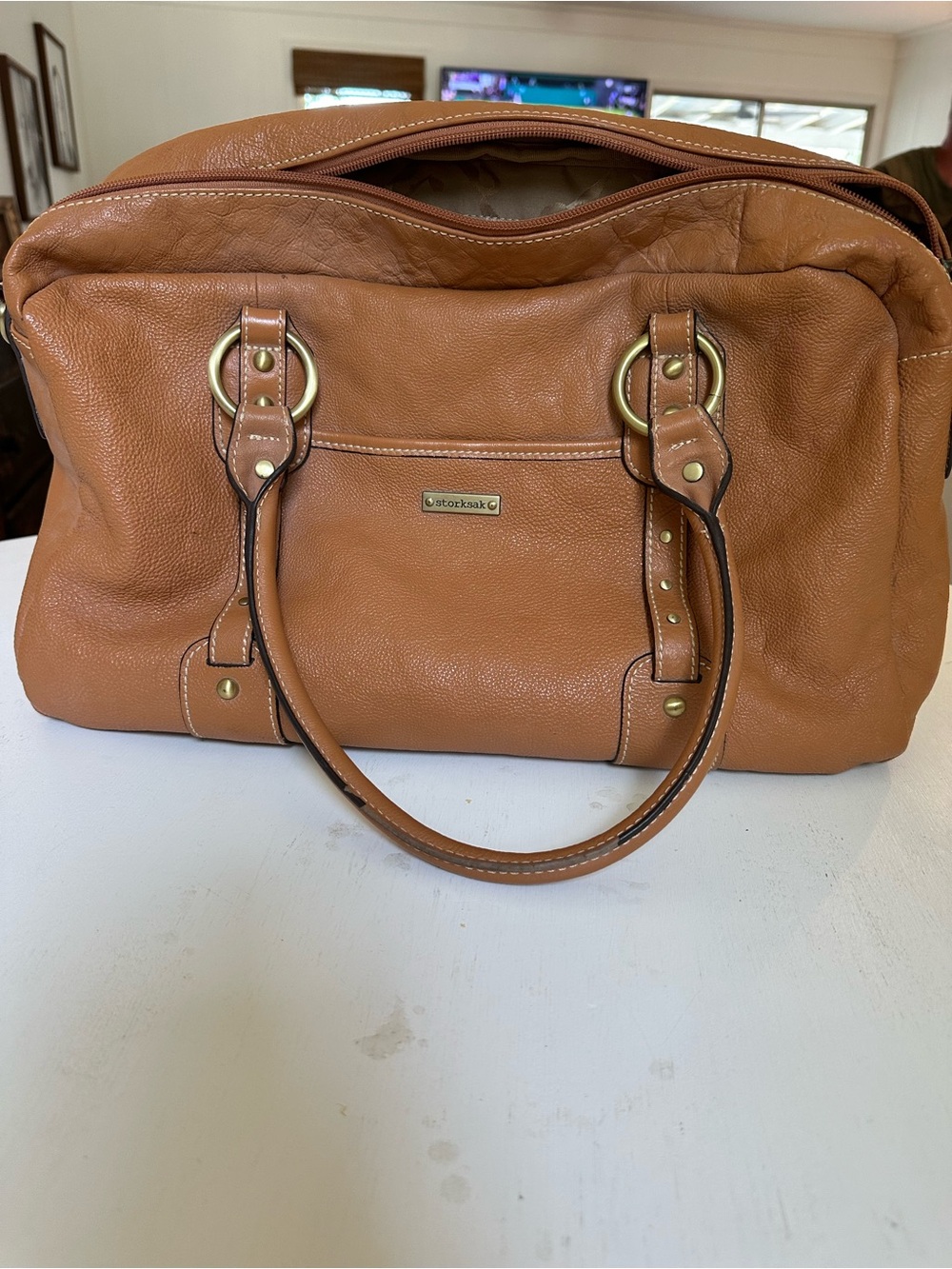 Storksak Cognac Leather Satchel with Gold Hardware